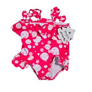 NWT | Mioglrie Baby Girl Polka Dot Ruffle Swimsuit | Shoulder Bows | Fuchsia Pin